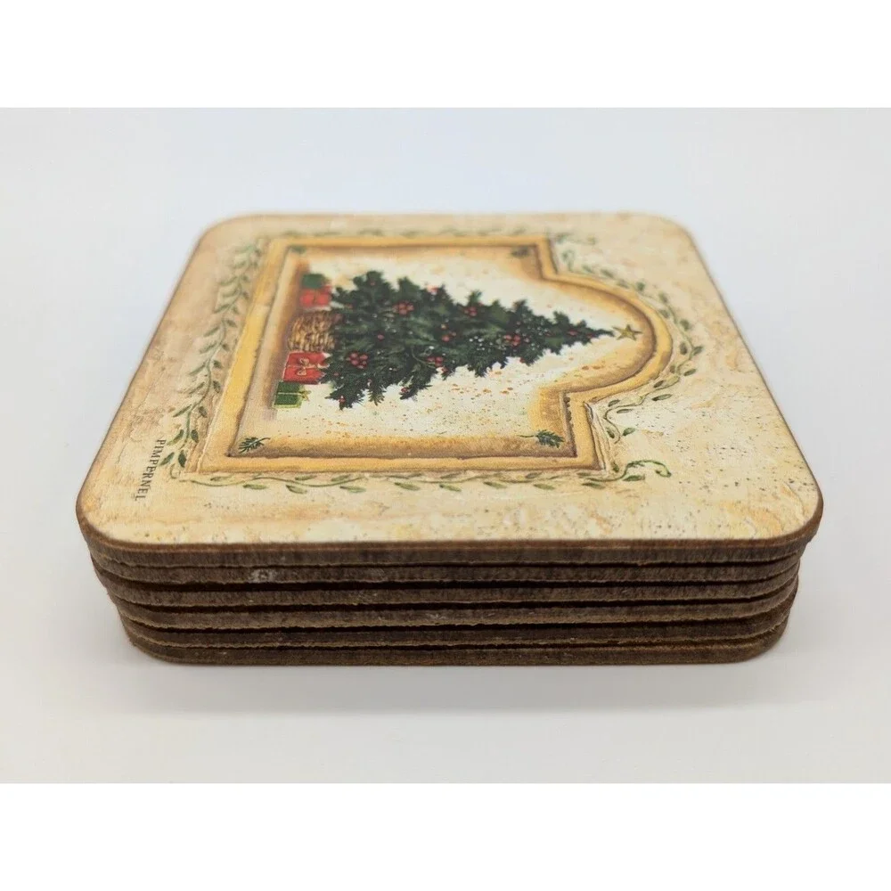 Set Of 6 Pimpernel Cork Coasters Christmas Tree Kathryn White Square